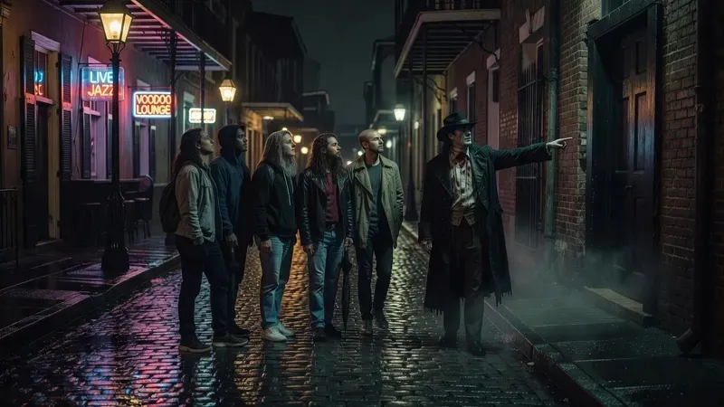 Adult tour participant holding HELLVISION handheld projector on the adults-only ghost crime voodoo and vampire night tour in the New Orleans French Quarter