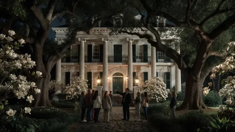 Grand New Orleans Garden District mansion at night with live oaks and Spanish moss, Anne Rice vampire tour New Orleans filming location