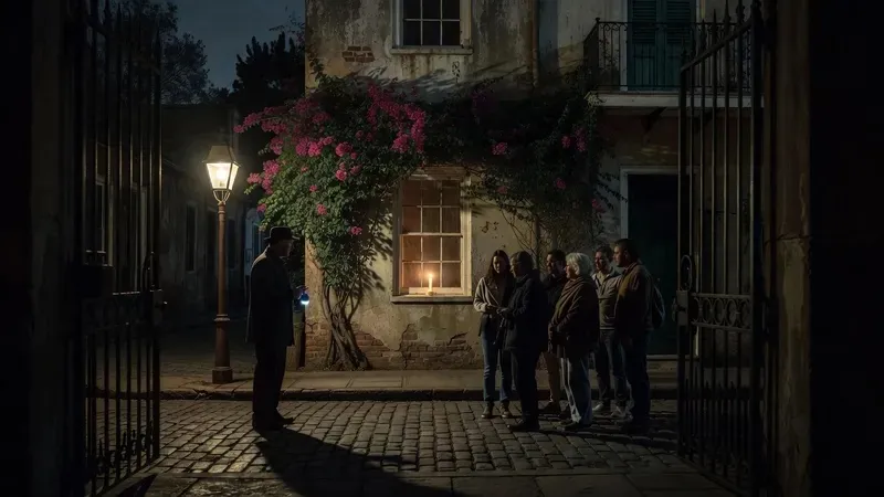 Ghost and vampire tour group gathered outside a candlelit New Orleans French Quarter courtyard at night, ghost voodoo and vampire tour new orleans