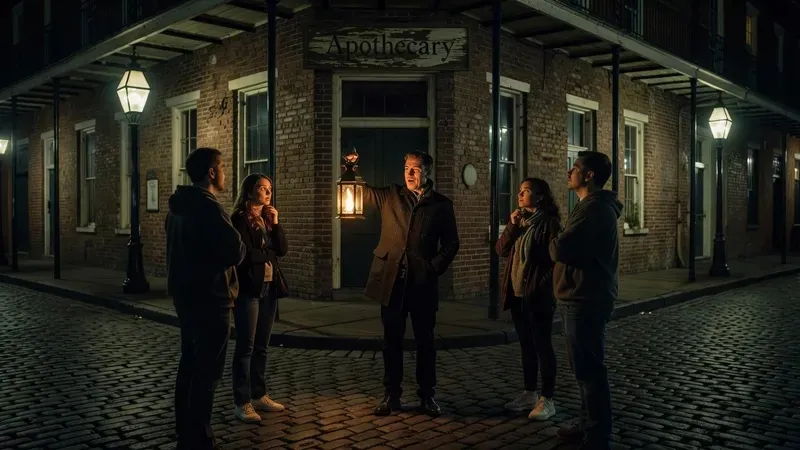 Small group on a New Orleans voodoo and vampire night tour in the French Quarter, guide holding lantern aloft outside historic building