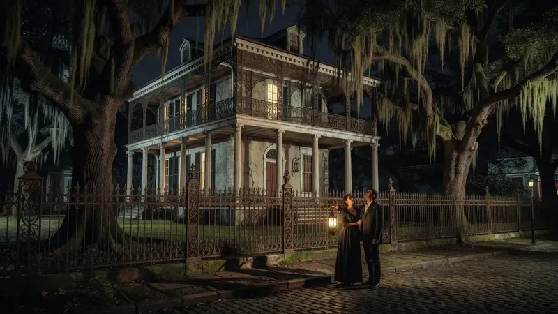 Gaslit street in the New Orleans French Quarter at night showing creole townhouses and cast-iron balconies featured in Vampire Diaries and The Originals filming locations