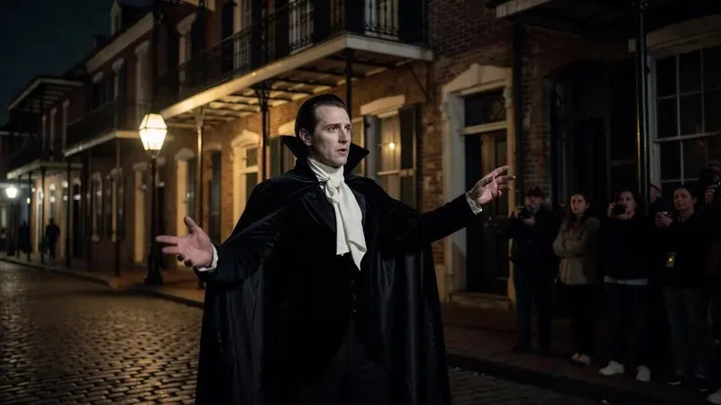 Victorian-dressed vampire tour guide gesturing dramatically by a gas lamp on a French Quarter street at night, New Orleans vampire tour