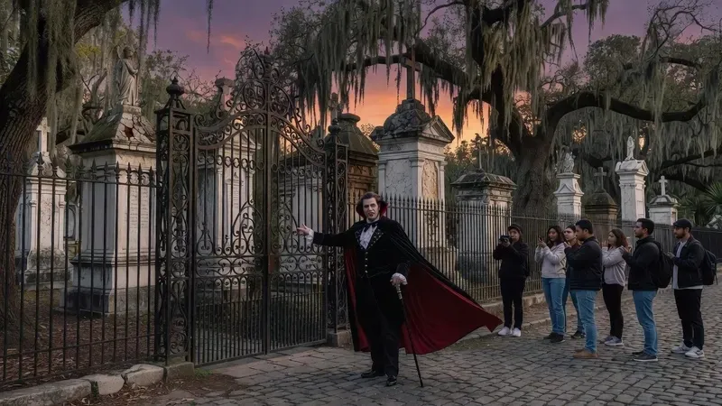 Licensed guide leading a ghost, voodoo and vampire walking tour through gaslit French Quarter streets at night, New Orleans vampire tour