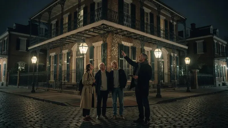 Small group on a true crime voodoo and vampire night tour in the New Orleans French Quarter, guided experience with lantern